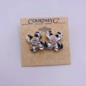 Courtney G Faux Pearl Silvertone Metal Flower Stud Earrings New